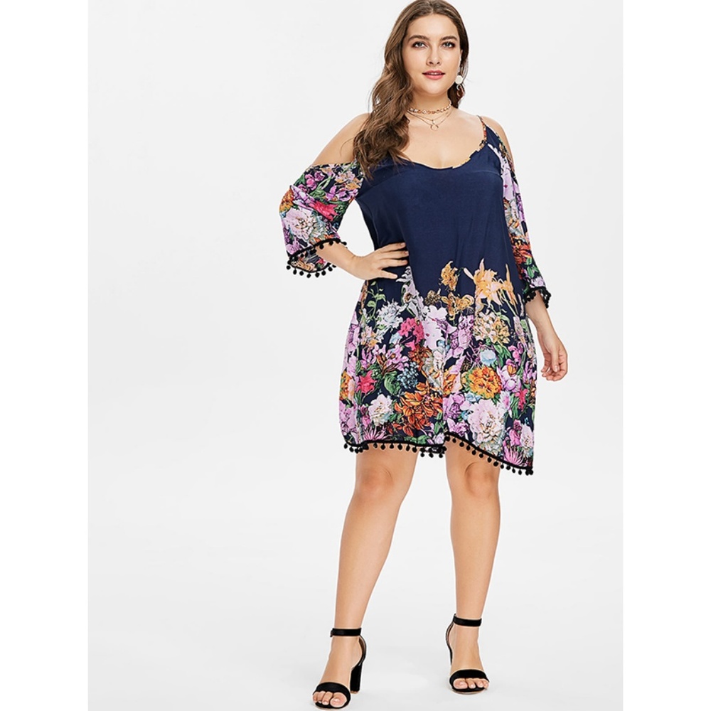 Plus Size Floral Cold Shoulder Dress - Slate Blue - Picture 5 of 8